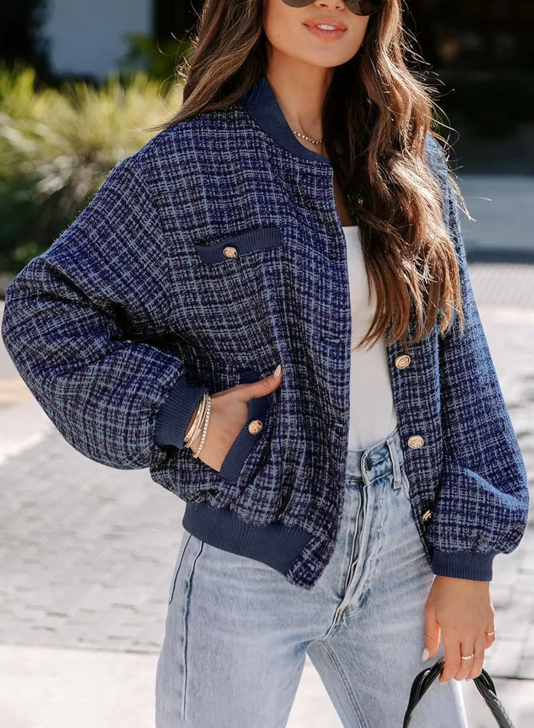 EVALESS Fashion Jacket for Women 2024 Fall Winter Trendy Button Short Shacket Long Sleeve Plaid Cropped Jackets