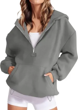 Fall Casual Hoodies for Women Casual Loose Quarter Zip Up Hooded Long Sleeve Pullovers Solid Color Workout Sweatshirt