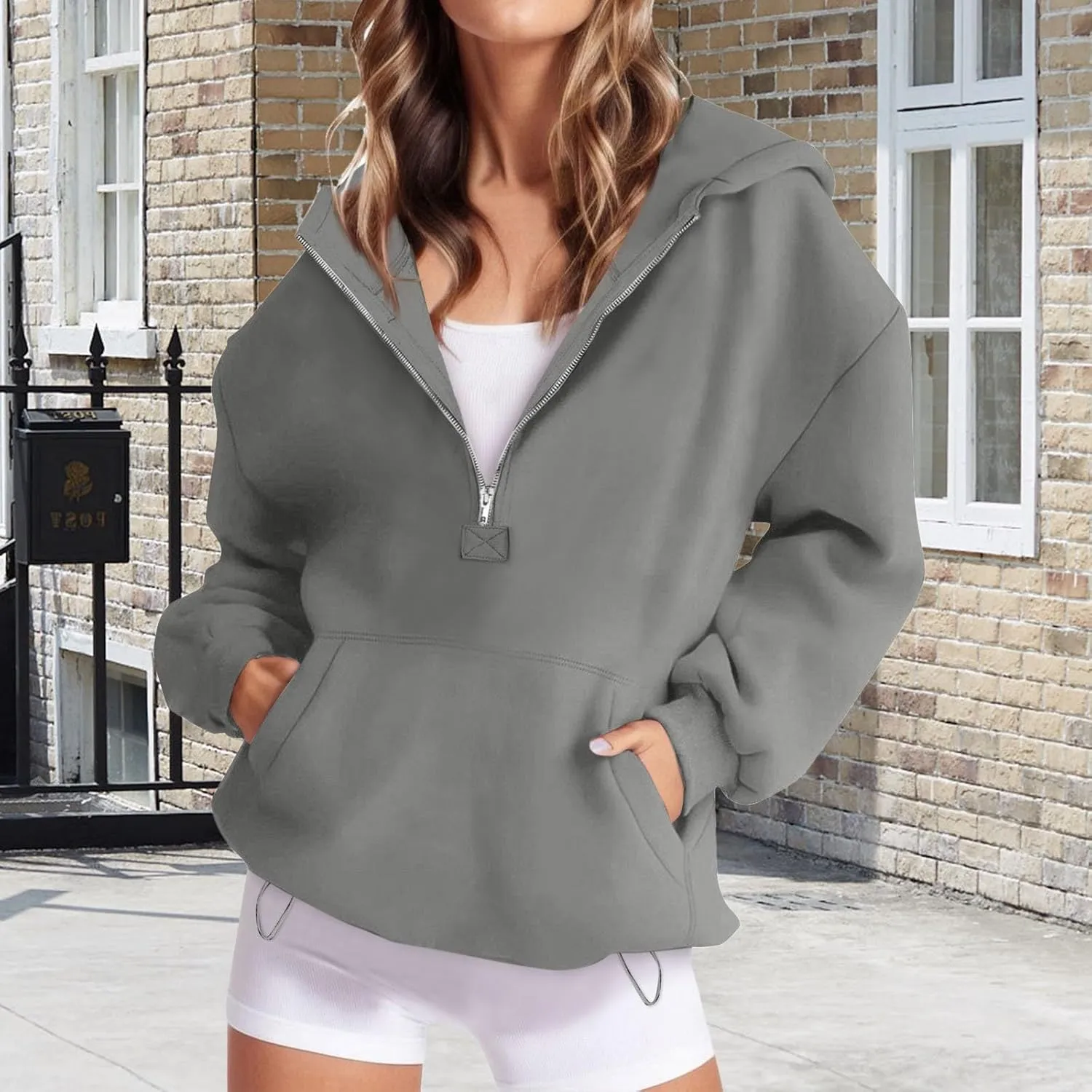 Fall Casual Hoodies for Women Casual Loose Quarter Zip Up Hooded Long Sleeve Pullovers Solid Color Workout Sweatshirt