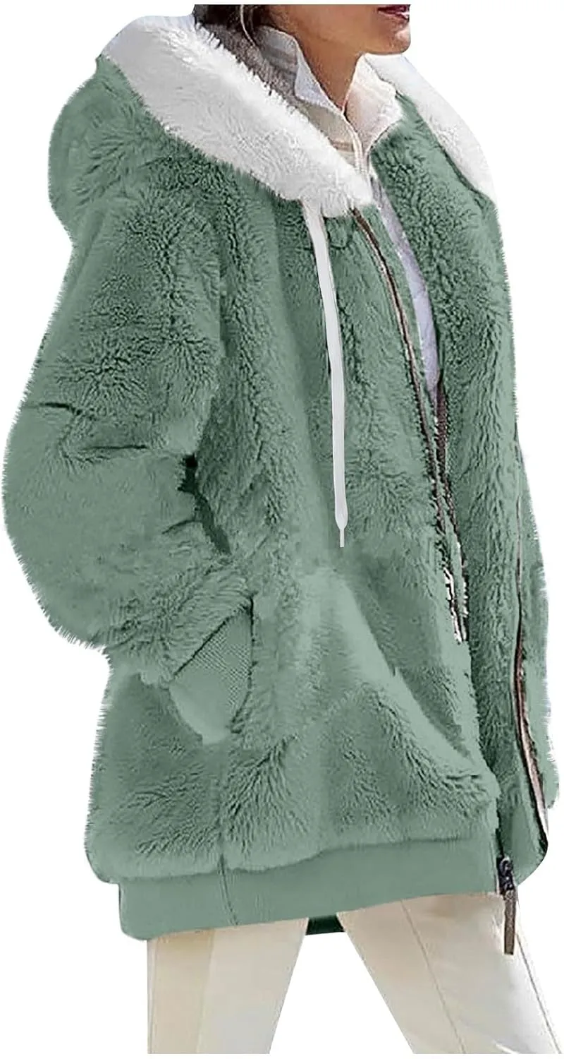 Fall Outfits for Women Zipper Color Block Outerwear Long Sleeve Fleece Plush Stitching Coats Warm Hooded Jacket