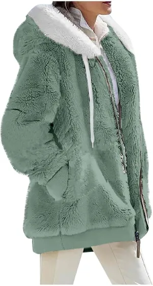 Fall Outfits for Women Zipper Color Block Outerwear Long Sleeve Fleece Plush Stitching Coats Warm Hooded Jacket