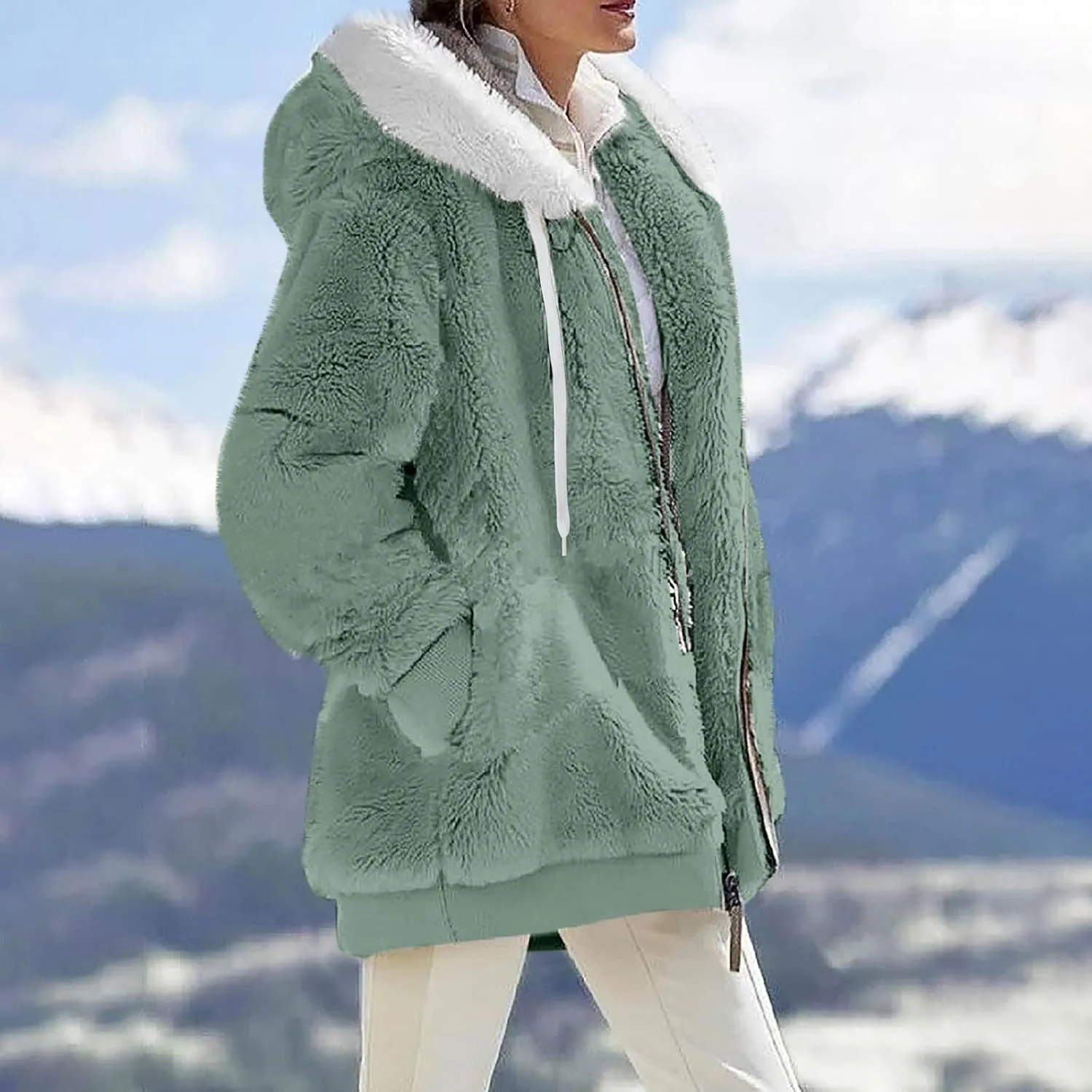 Fall Outfits for Women Zipper Color Block Outerwear Long Sleeve Fleece Plush Stitching Coats Warm Hooded Jacket