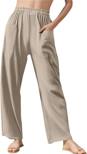 fanmpghleoo Wide Leg Linen Pants for Women Casual Elastic High Waisted Linen Pants Women Summer Linen Trousers with Pockets