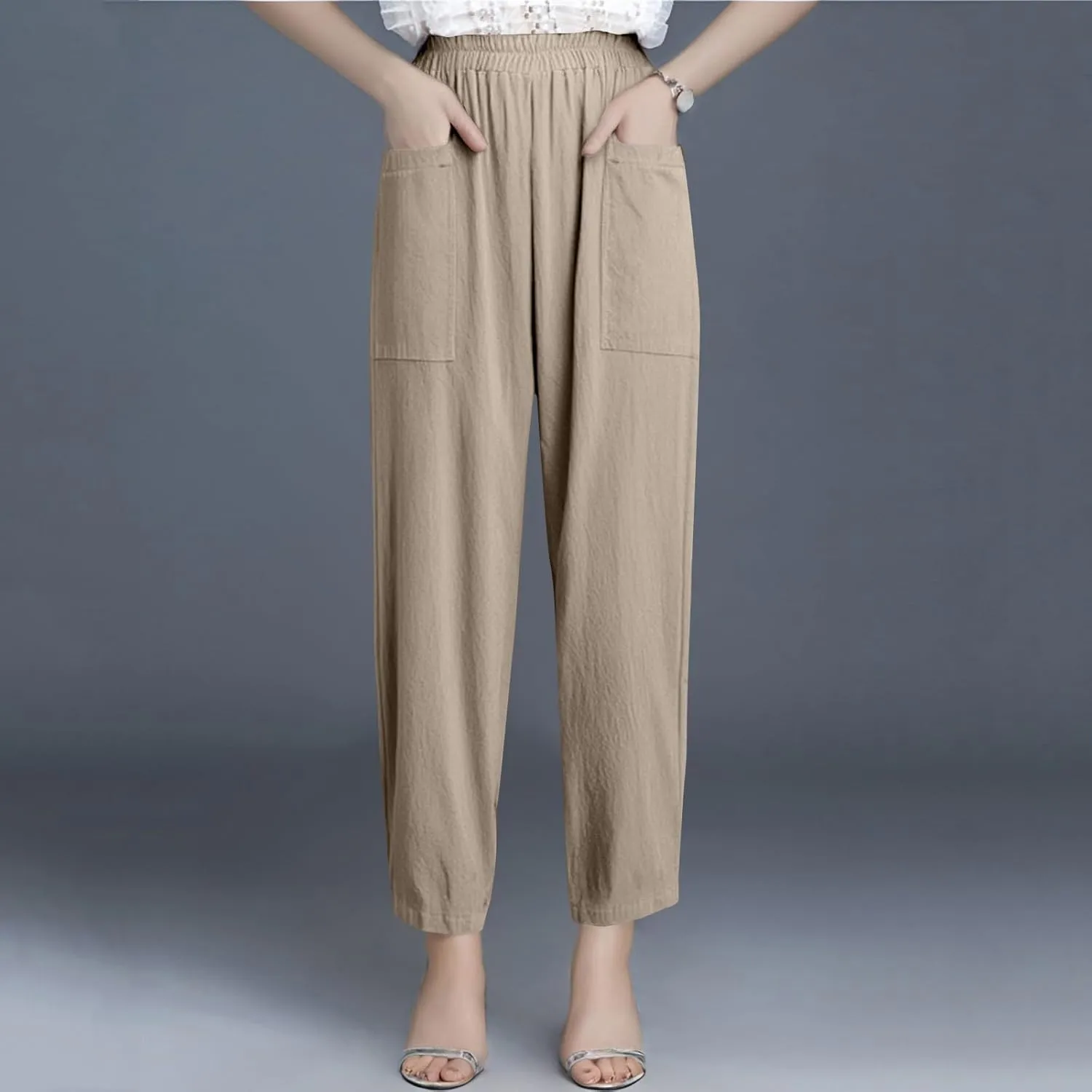 fanmpghleoo Wide Leg Linen Pants for Women Casual Elastic High Waisted Linen Pants Women Summer Linen Trousers with Pockets