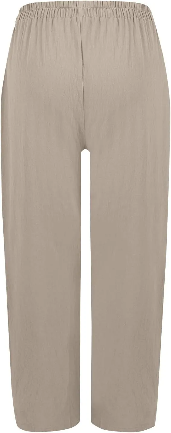 fanmpghleoo Wide Leg Linen Pants for Women Casual Elastic High Waisted Linen Pants Women Summer Linen Trousers with Pockets
