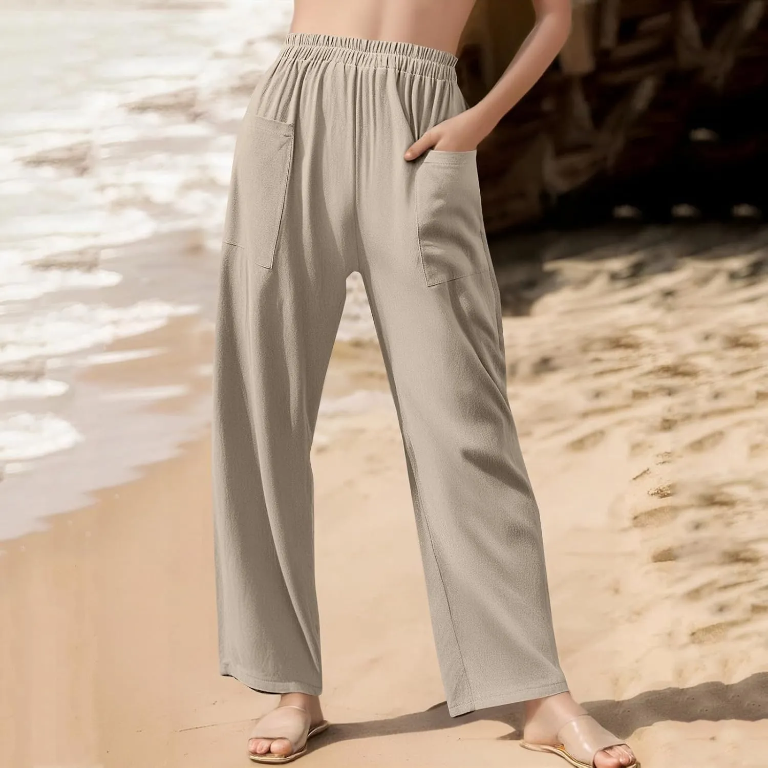 fanmpghleoo Wide Leg Linen Pants for Women Casual Elastic High Waisted Linen Pants Women Summer Linen Trousers with Pockets