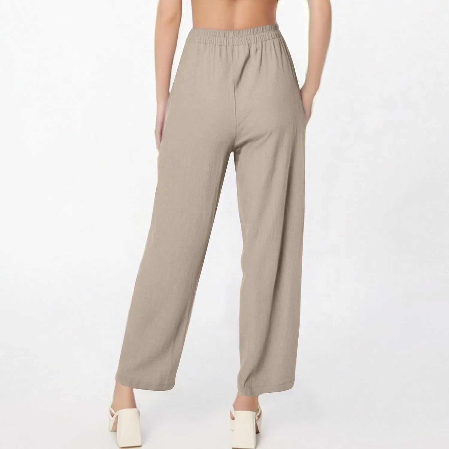 fanmpghleoo Wide Leg Linen Pants for Women Casual Elastic High Waisted Linen Pants Women Summer Linen Trousers with Pockets