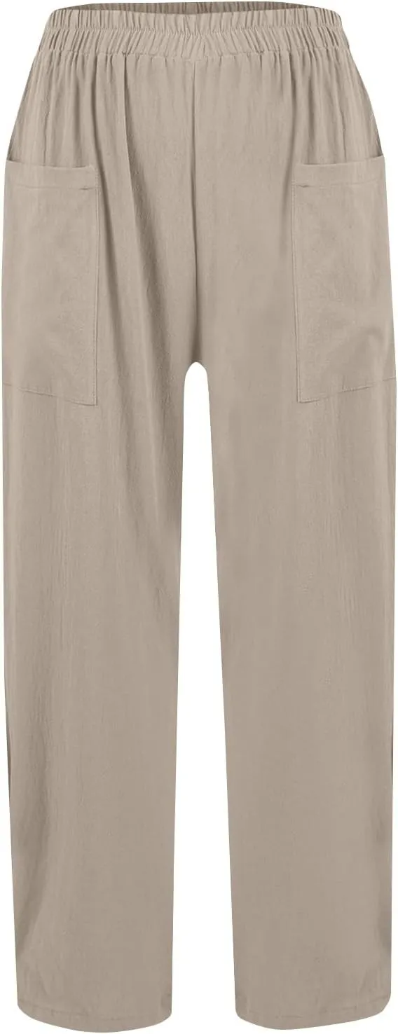 fanmpghleoo Wide Leg Linen Pants for Women Casual Elastic High Waisted Linen Pants Women Summer Linen Trousers with Pockets
