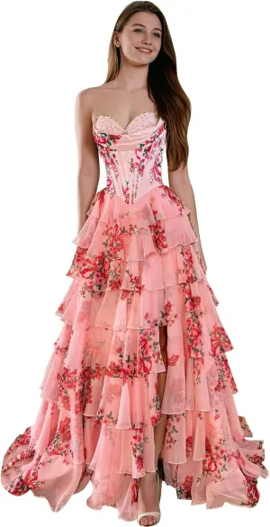 Floral Prom Dresses Ruffles Tiered Chiffon Long Strapless Ball Gown A-Line Sweetheart Formal Evening Gown