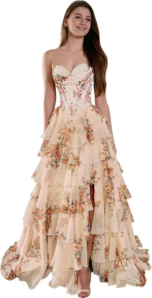 Floral Prom Dresses Ruffles Tiered Chiffon Long Strapless Ball Gown A-Line Sweetheart Formal Evening Gown
