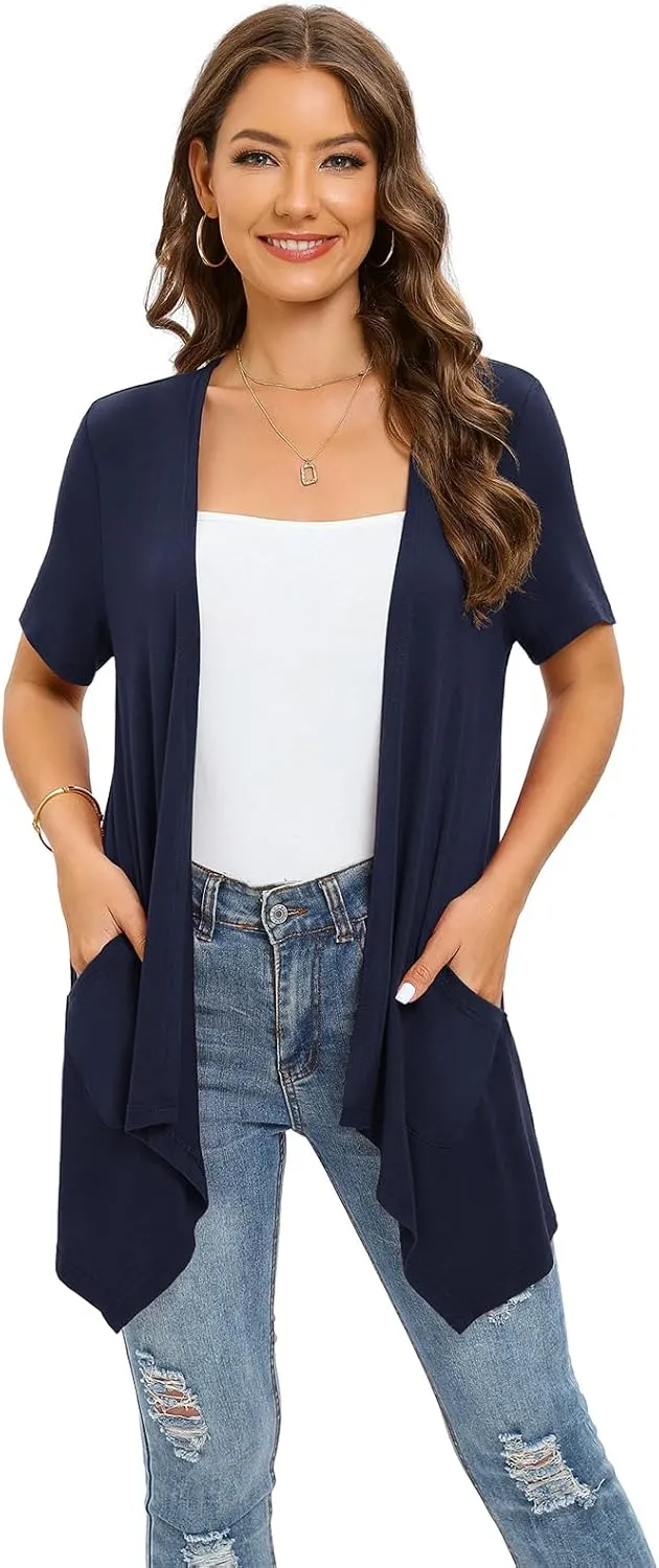 Floral Short Sleeve Cardigans for Women Casual Drape Open Front Lightweight Summer Cardigan with Pocket High Low Hem