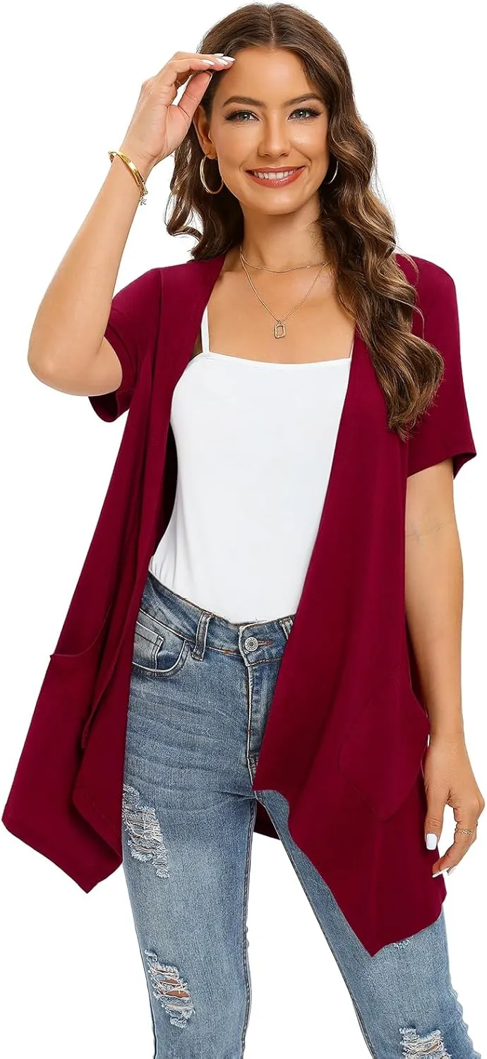 Floral Short Sleeve Cardigans for Women Casual Drape Open Front Lightweight Summer Cardigan with Pocket High Low Hem