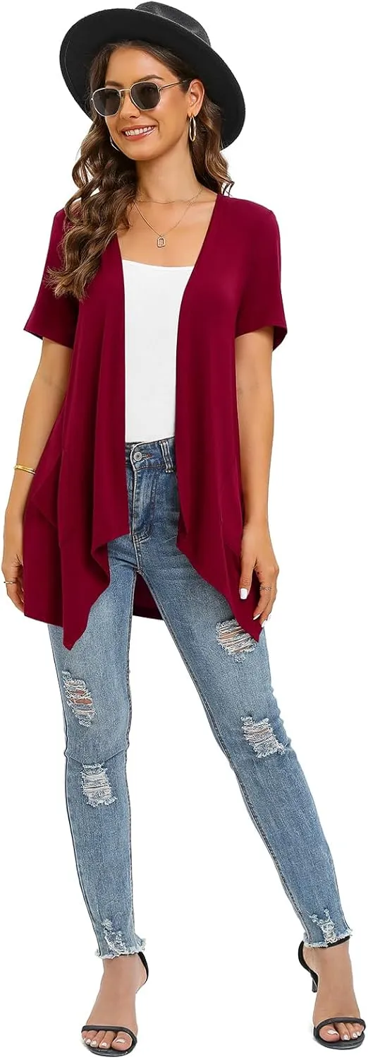 Floral Short Sleeve Cardigans for Women Casual Drape Open Front Lightweight Summer Cardigan with Pocket High Low Hem