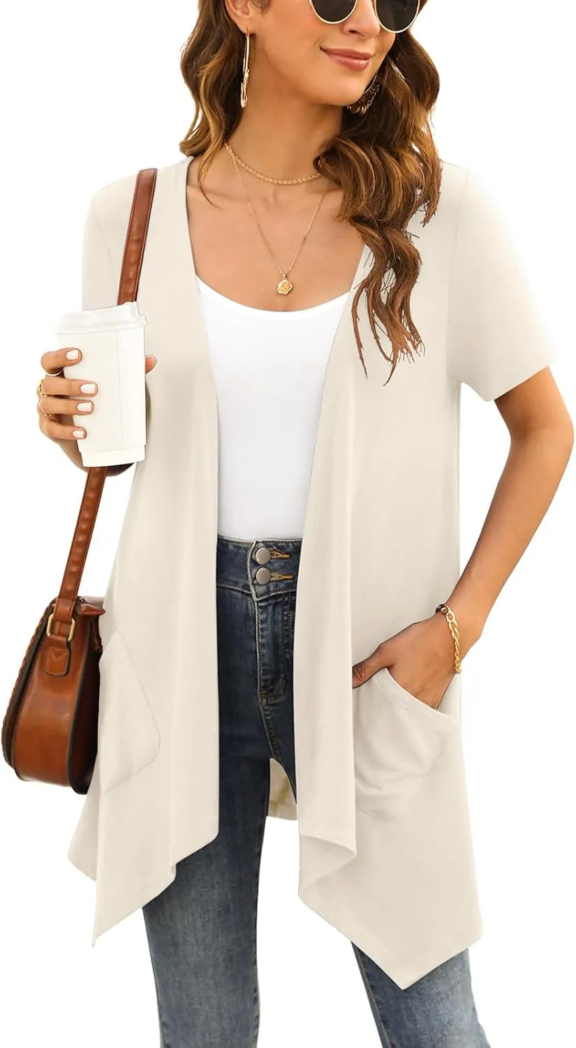 Floral Short Sleeve Cardigans for Women Casual Drape Open Front Lightweight Summer Cardigan with Pocket High Low Hem