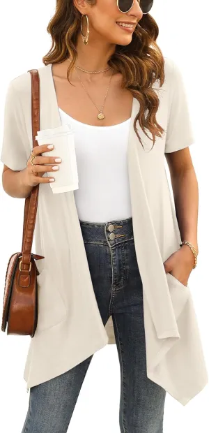 Floral Short Sleeve Cardigans for Women Casual Drape Open Front Lightweight Summer Cardigan with Pocket High Low Hem