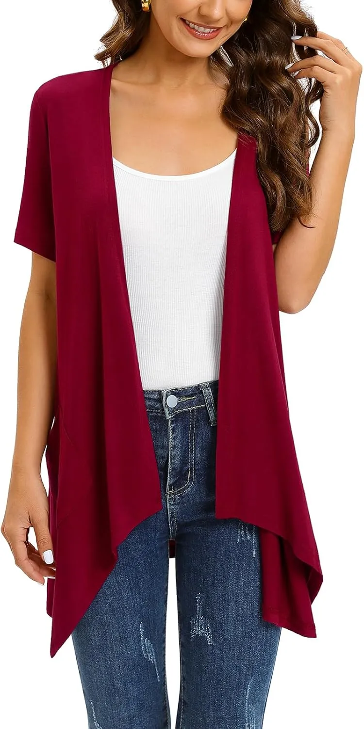 Floral Short Sleeve Cardigans for Women Casual Drape Open Front Lightweight Summer Cardigan with Pocket High Low Hem
