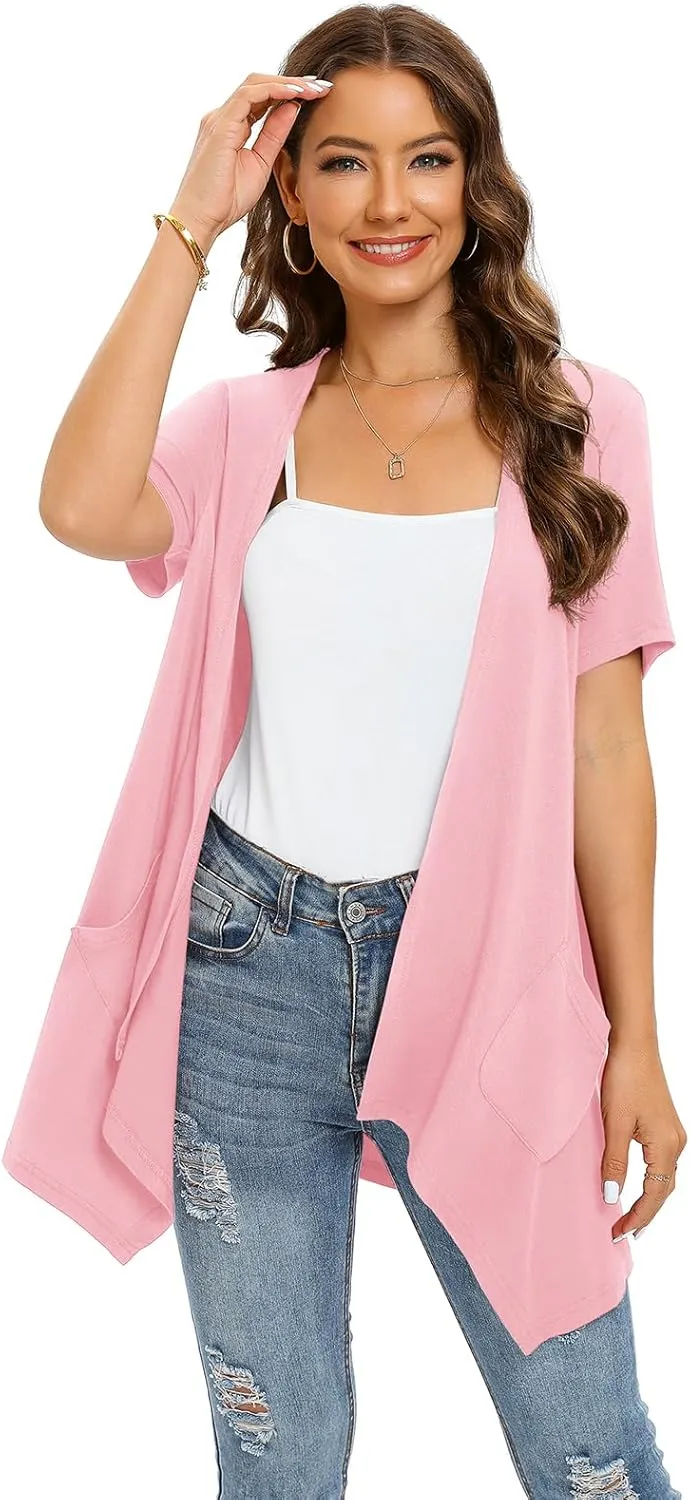 Floral Short Sleeve Cardigans for Women Casual Drape Open Front Lightweight Summer Cardigan with Pocket High Low Hem