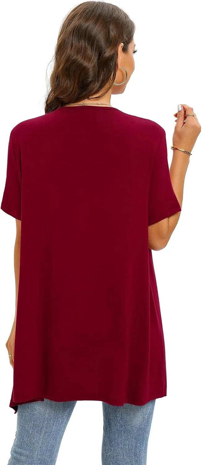 Floral Short Sleeve Cardigans for Women Casual Drape Open Front Lightweight Summer Cardigan with Pocket High Low Hem