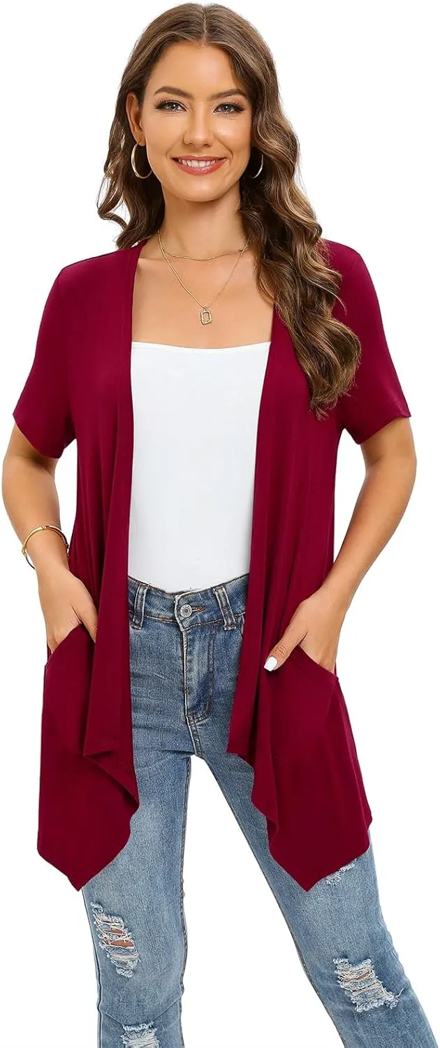 Floral Short Sleeve Cardigans for Women Casual Drape Open Front Lightweight Summer Cardigan with Pocket High Low Hem