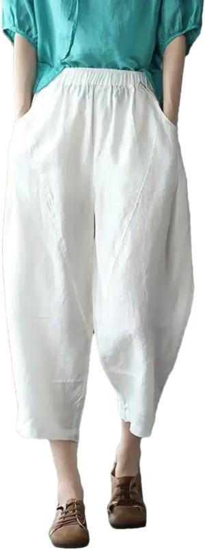 Fnfmrfmr Women Solid Cotton Linen Harem Pants Elastic Waist Pockets Loose Ankle-Length Pants