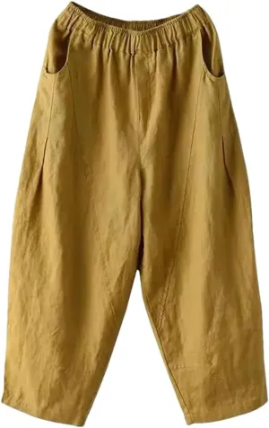 Fnfmrfmr Women Solid Cotton Linen Harem Pants Elastic Waist Pockets Loose Ankle-Length Pants