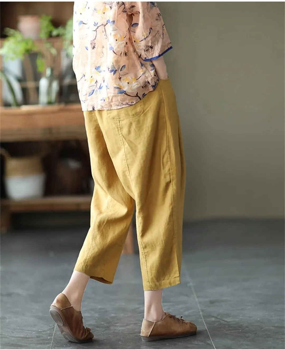 Fnfmrfmr Women Solid Cotton Linen Harem Pants Elastic Waist Pockets Loose Ankle-Length Pants