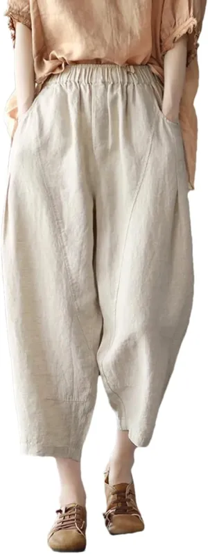 Fnfmrfmr Women Solid Cotton Linen Harem Pants Elastic Waist Pockets Loose Ankle-Length Pants