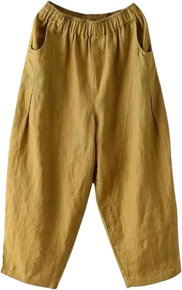 Fnfmrfmr Women Solid Cotton Linen Harem Pants Elastic Waist Pockets Loose Ankle-Length Pants