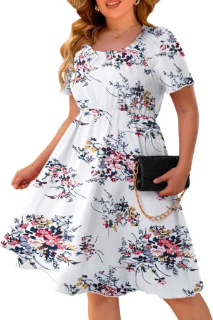 FOLUNSI Women's Plus Size Short Sleeve Pleated Casual Shirt Dress with Pockets