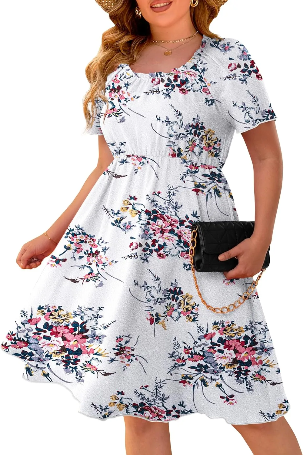 FOLUNSI Women's Plus Size Short Sleeve Pleated Casual Shirt Dress with Pockets