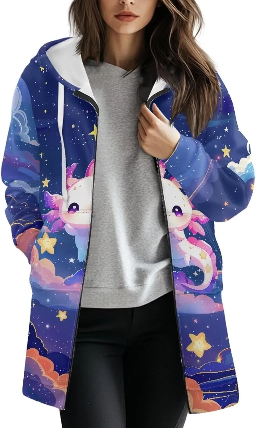Full Zip up Hoodies Mid-Length Sweatshirt Cardigan Loose Casual Jackets Trendy Coat with Pockets S-3XL