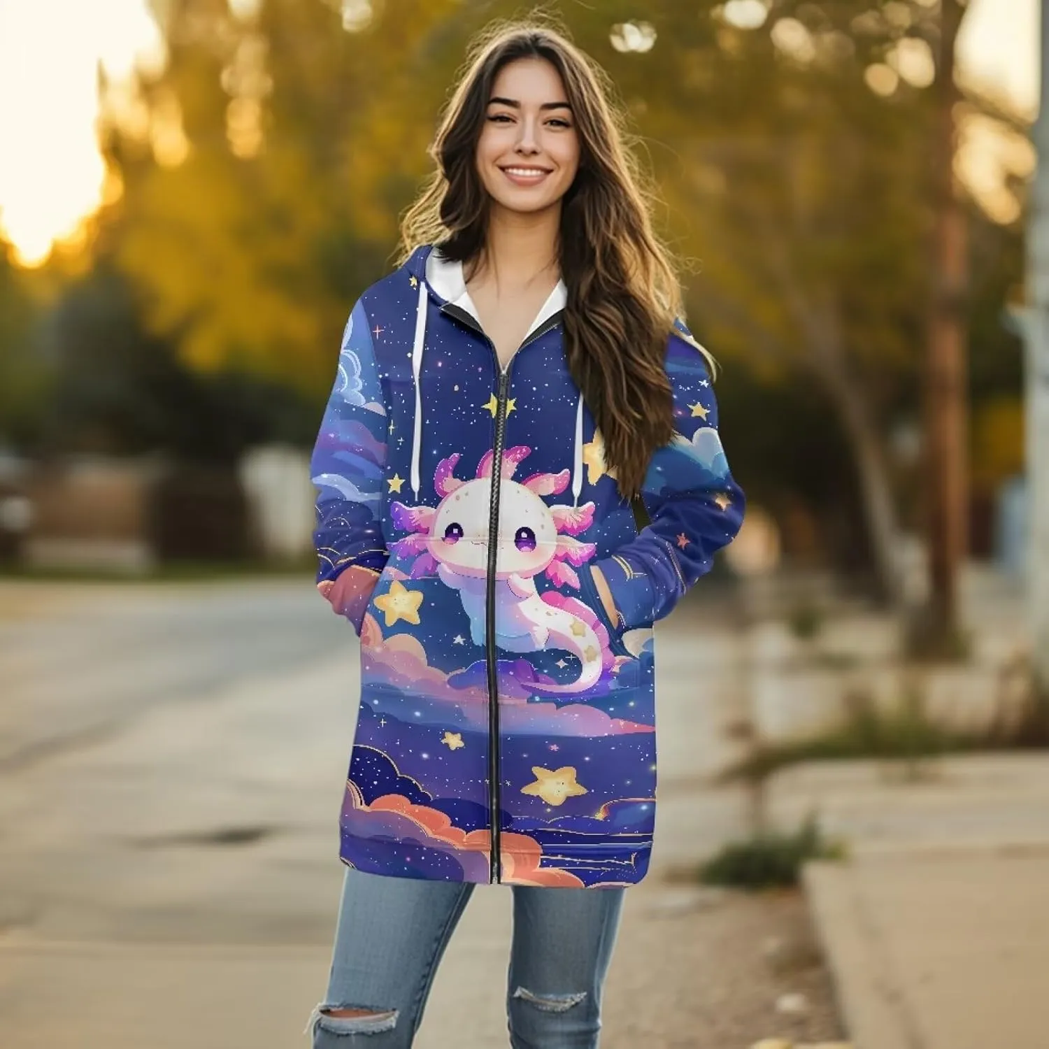 Full Zip up Hoodies Mid-Length Sweatshirt Cardigan Loose Casual Jackets Trendy Coat with Pockets S-3XL