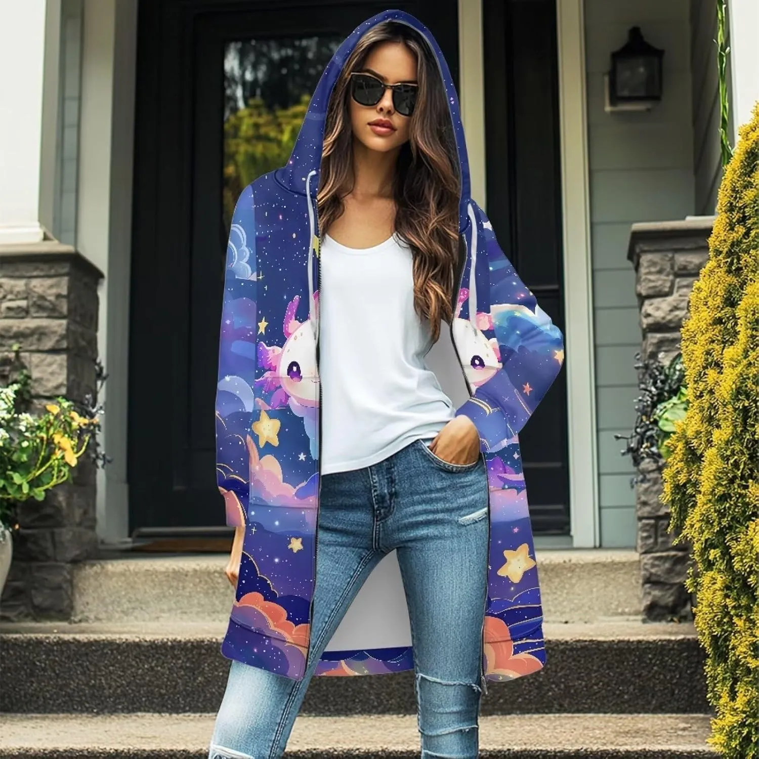 Full Zip up Hoodies Mid-Length Sweatshirt Cardigan Loose Casual Jackets Trendy Coat with Pockets S-3XL