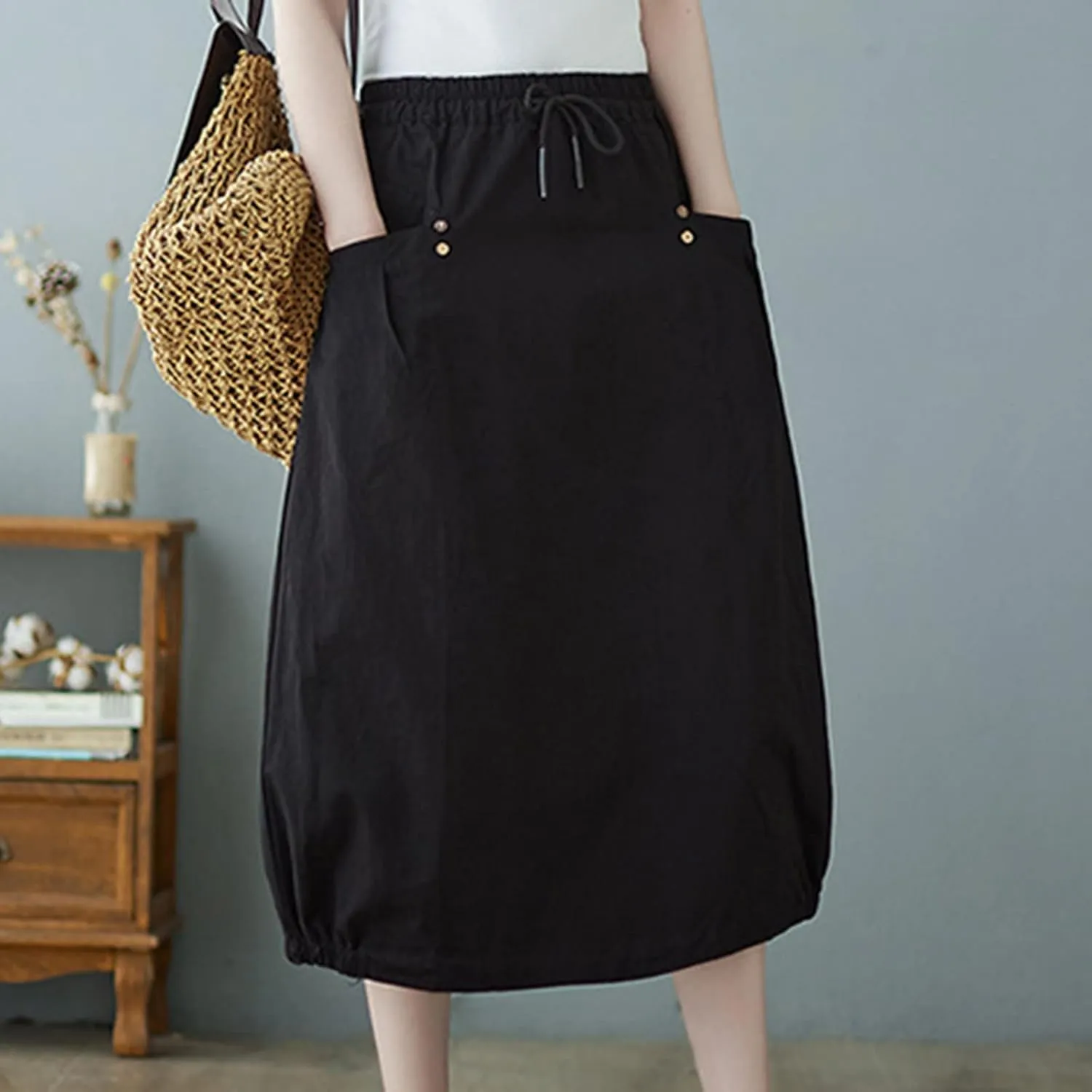 FZYLQY Midi Skirts for Women Spring Trendy Casual Mid Length Skirt Elastic Drawstring High Waist Skirts Comfy Balloon Skirt