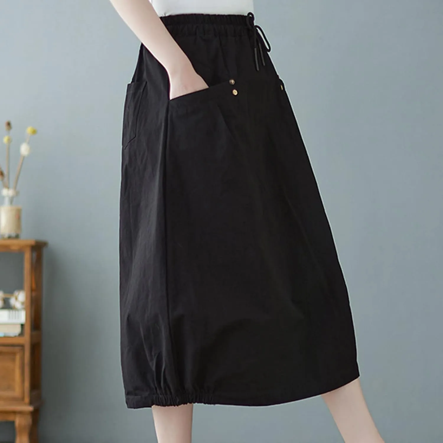 FZYLQY Midi Skirts for Women Spring Trendy Casual Mid Length Skirt Elastic Drawstring High Waist Skirts Comfy Balloon Skirt