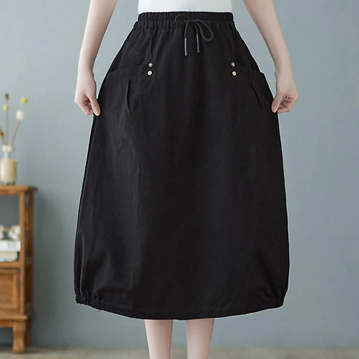 FZYLQY Midi Skirts for Women Spring Trendy Casual Mid Length Skirt Elastic Drawstring High Waist Skirts Comfy Balloon Skirt