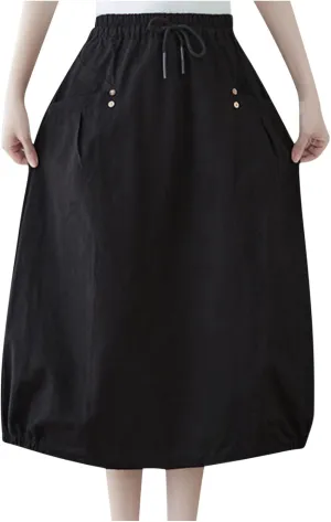 FZYLQY Midi Skirts for Women Spring Trendy Casual Mid Length Skirt Elastic Drawstring High Waist Skirts Comfy Balloon Skirt