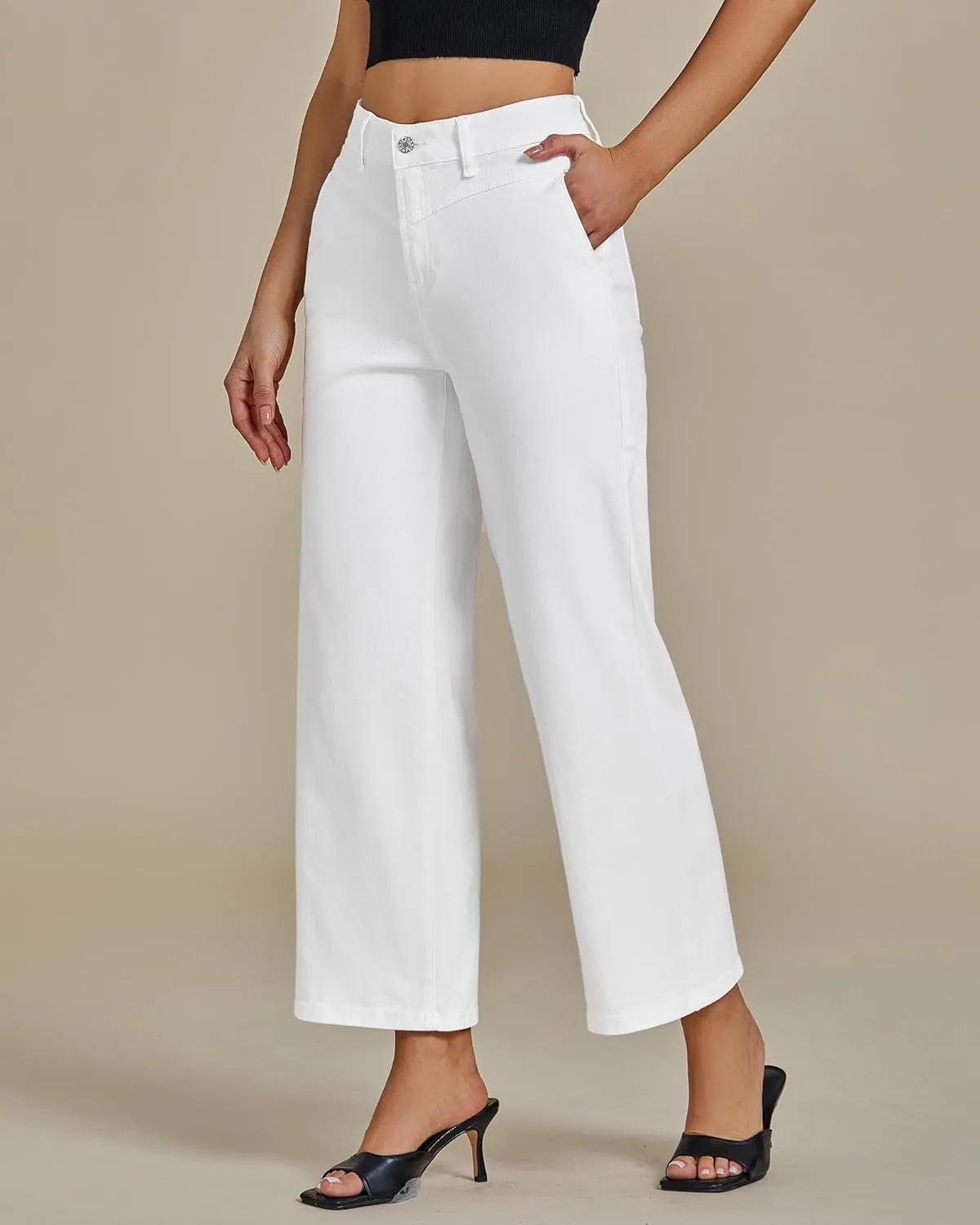 GRAPENT Wide Leg Jeans for Women Trendy Cropped High Waisted Front Yoke Casual Stretchy Denim Trousers Ankle Pants Jeans