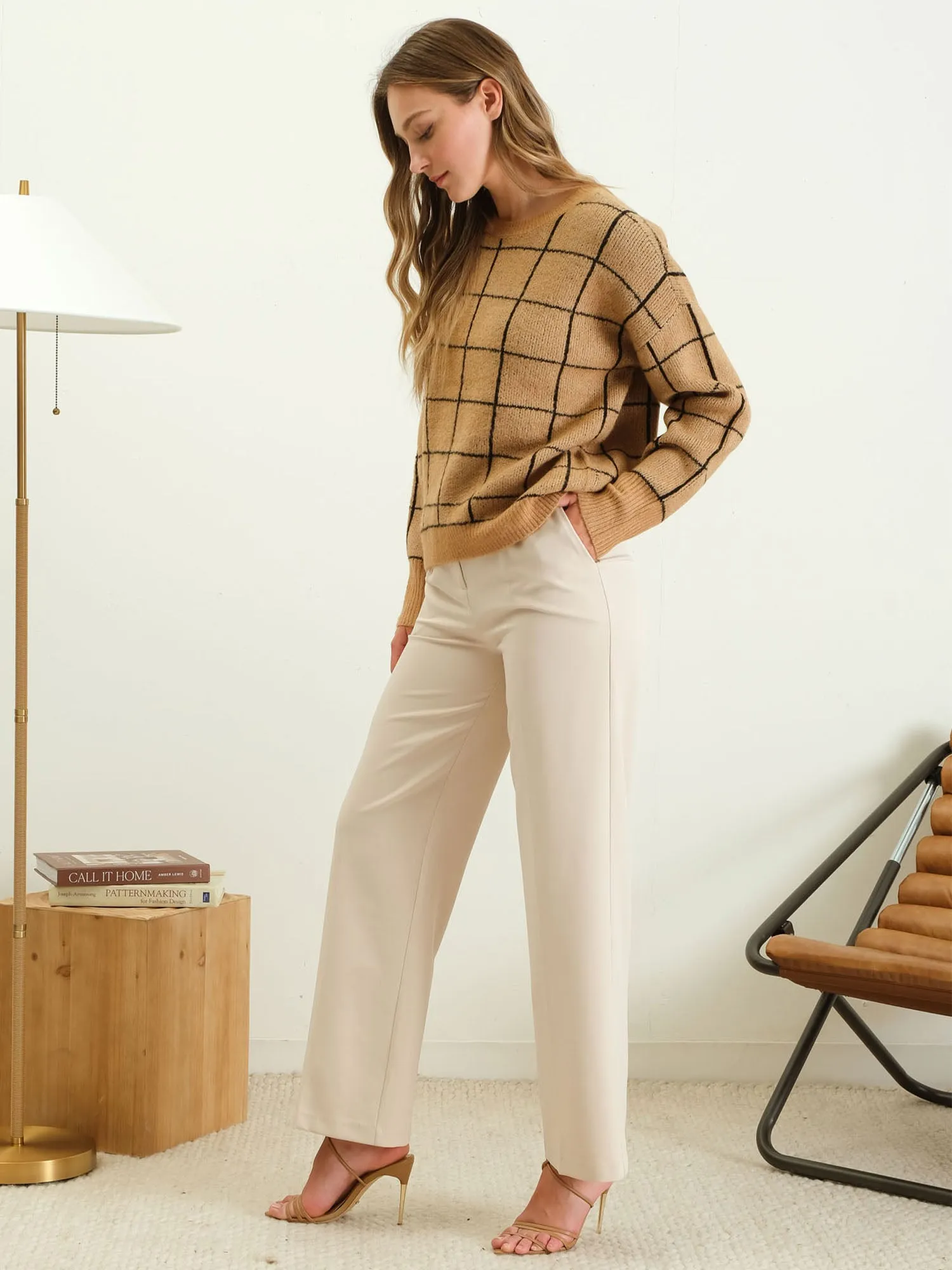 Grid Print Crew Neck Knit Pullover Sweater