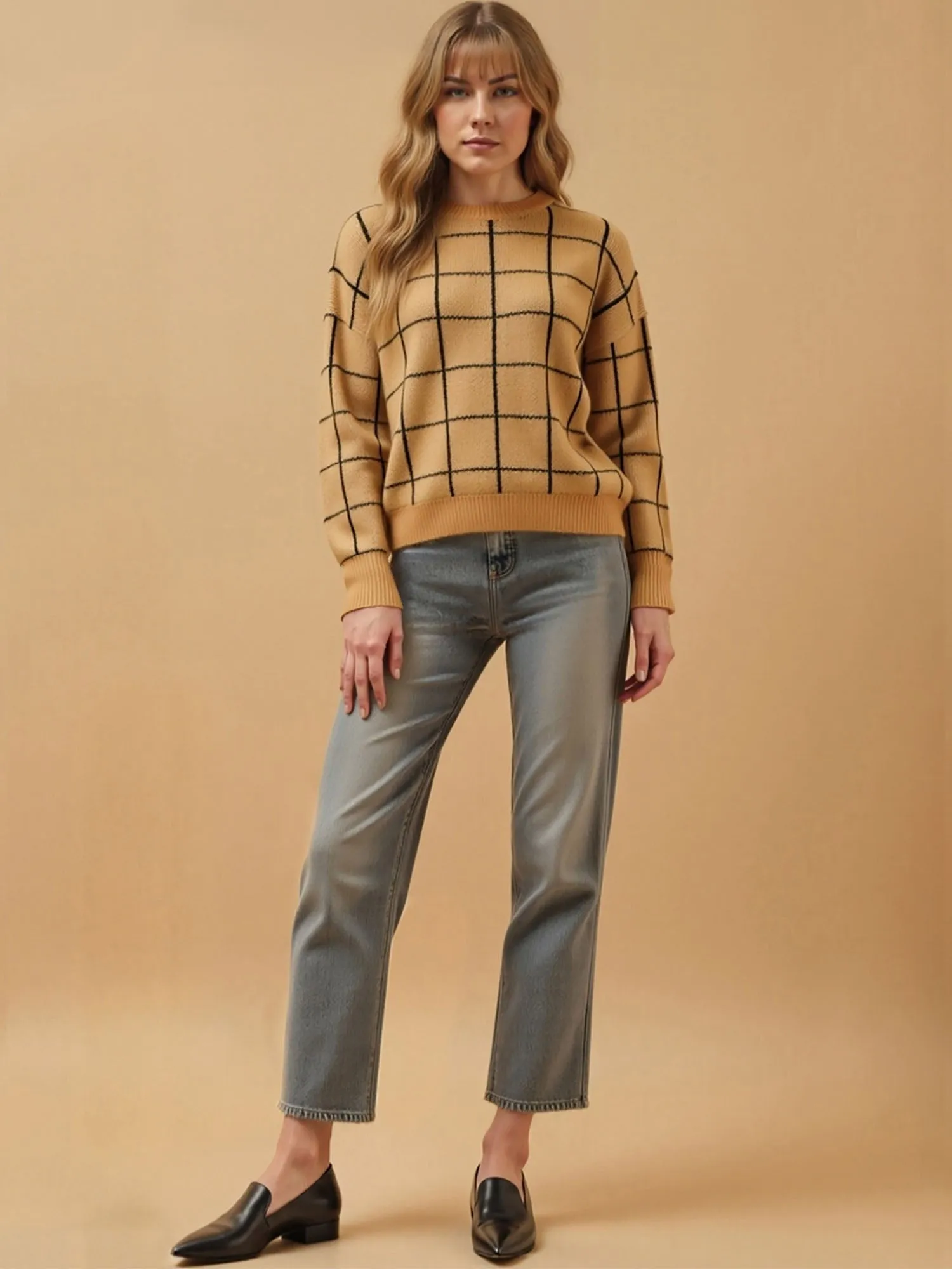 Grid Print Crew Neck Knit Pullover Sweater