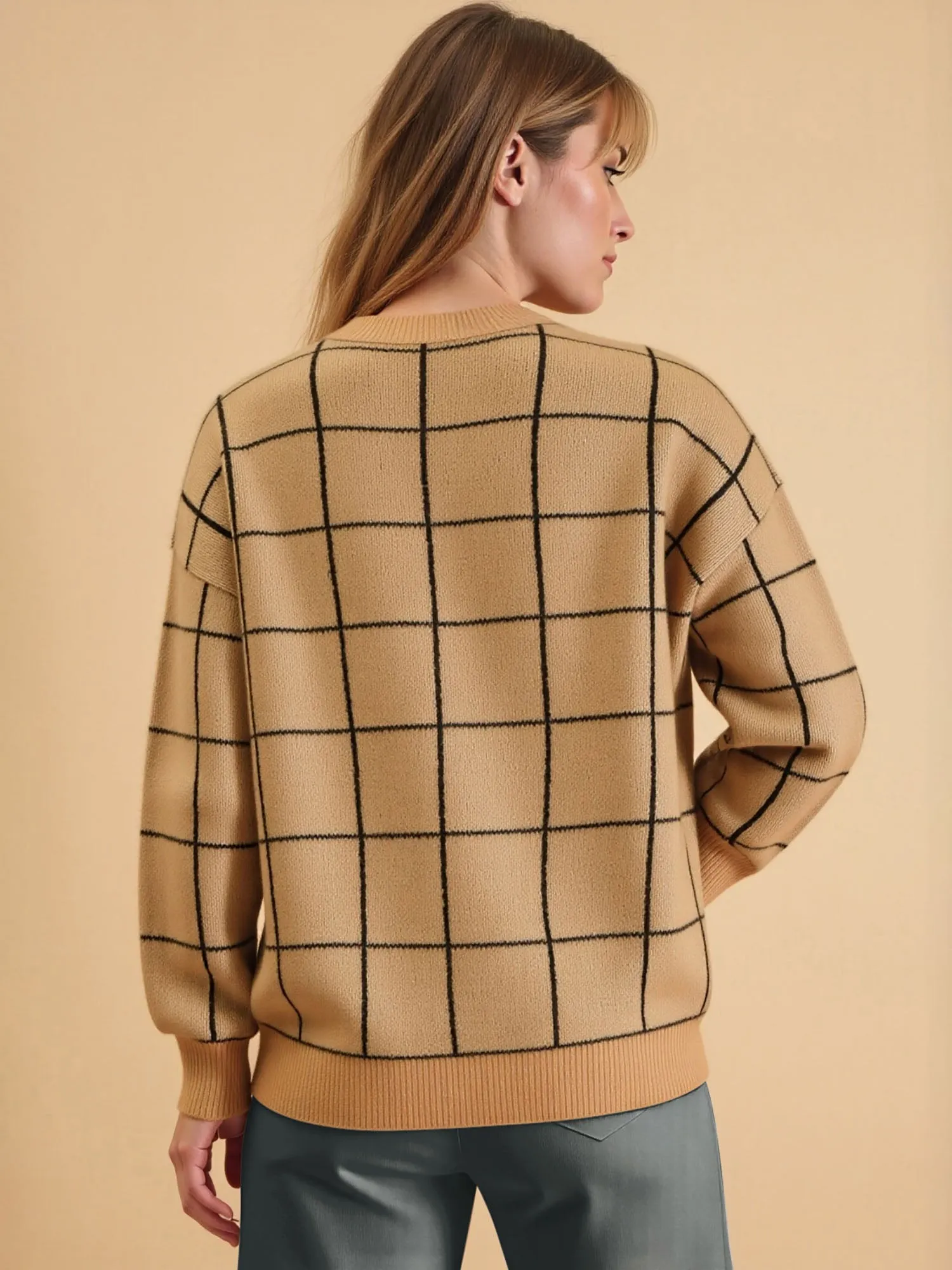 Grid Print Crew Neck Knit Pullover Sweater