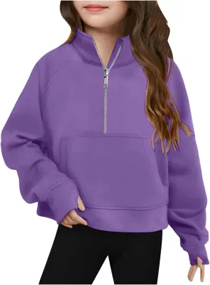 Half Zip Crop Sweatshirt for Girls Lightweight Fashion Long Sleeve Pullover Fleece Winter Sweatshirts 5-13 Years