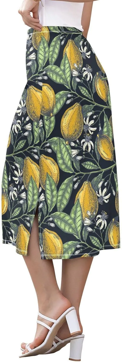 Hand Drawn Citrus Fruits Elegant Lemons Women Midi Half Skirt Women Split Midi Skirts High Waisted Summer Skirts