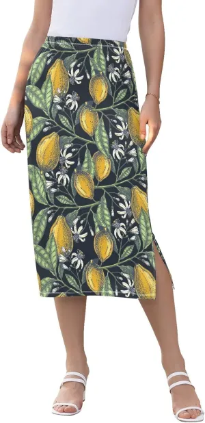 Hand Drawn Citrus Fruits Elegant Lemons Women Midi Half Skirt Women Split Midi Skirts High Waisted Summer Skirts