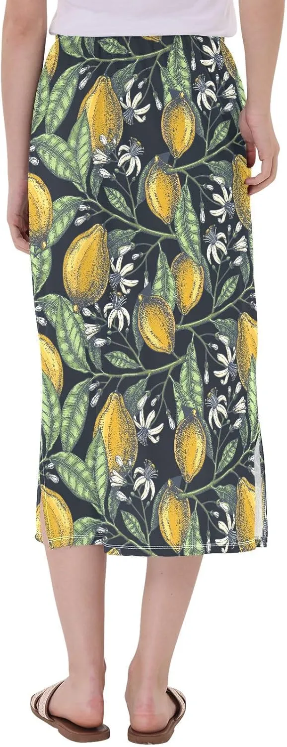 Hand Drawn Citrus Fruits Elegant Lemons Women Midi Half Skirt Women Split Midi Skirts High Waisted Summer Skirts
