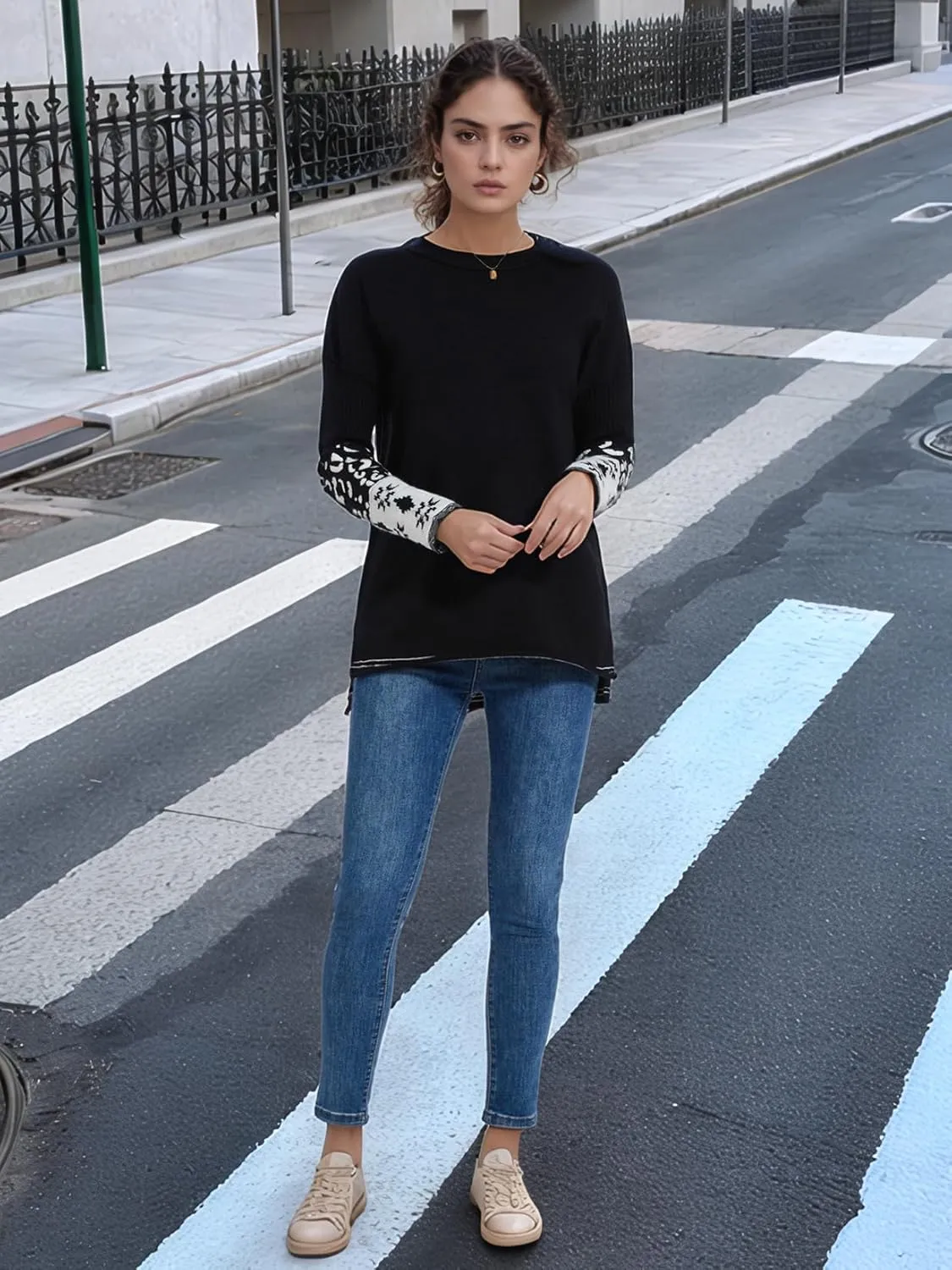 hathne Oversized Sweaters Pullover for Women Leopard Printed Cuff Casual Long Sleeve Knit Tops