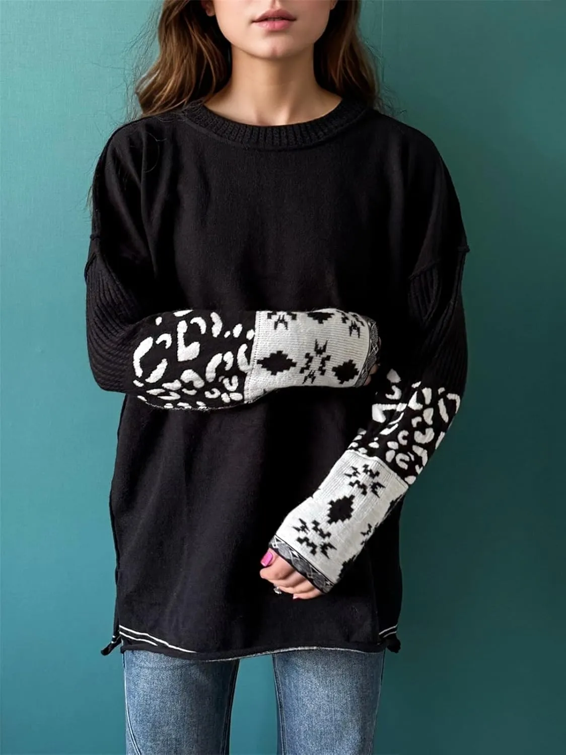 hathne Oversized Sweaters Pullover for Women Leopard Printed Cuff Casual Long Sleeve Knit Tops