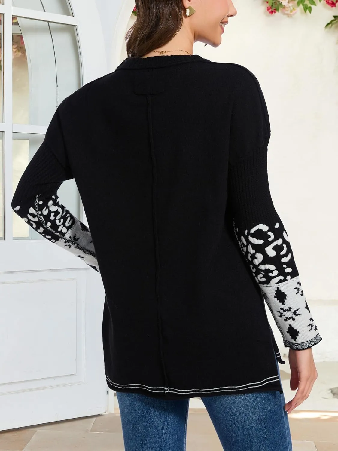 hathne Oversized Sweaters Pullover for Women Leopard Printed Cuff Casual Long Sleeve Knit Tops
