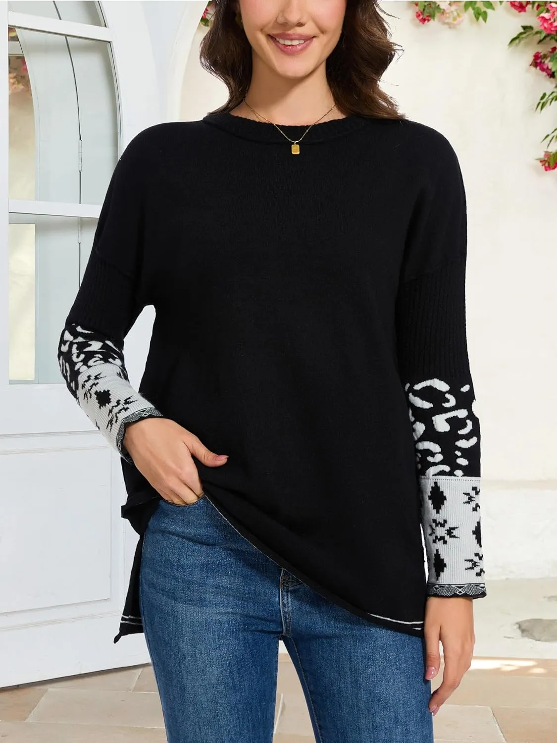 hathne Oversized Sweaters Pullover for Women Leopard Printed Cuff Casual Long Sleeve Knit Tops