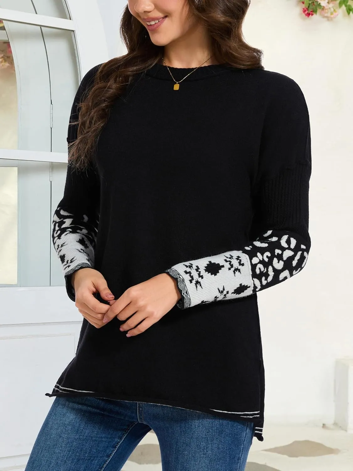 hathne Oversized Sweaters Pullover for Women Leopard Printed Cuff Casual Long Sleeve Knit Tops